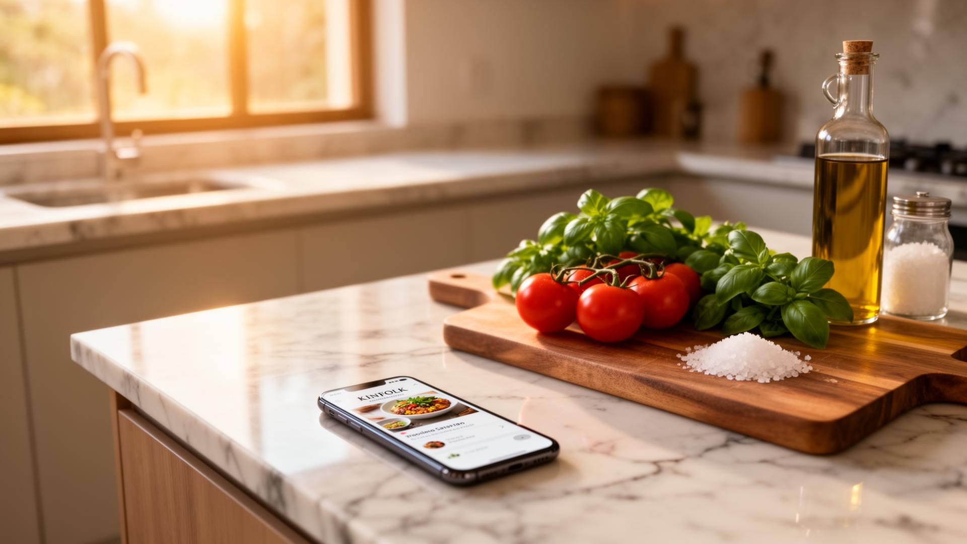 Cozinha minimalista com ingredientes frescos e celular